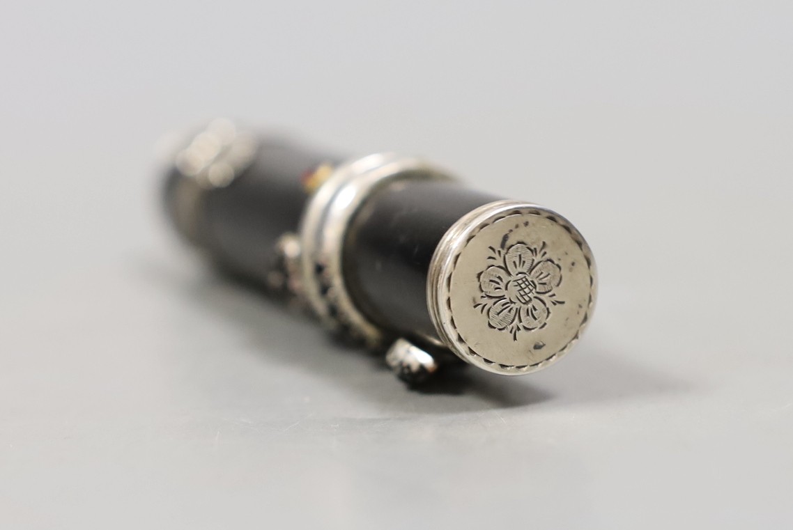 A 19th century white metal and paste mounted ebonised etui case, with serpent decoration, 97mm.